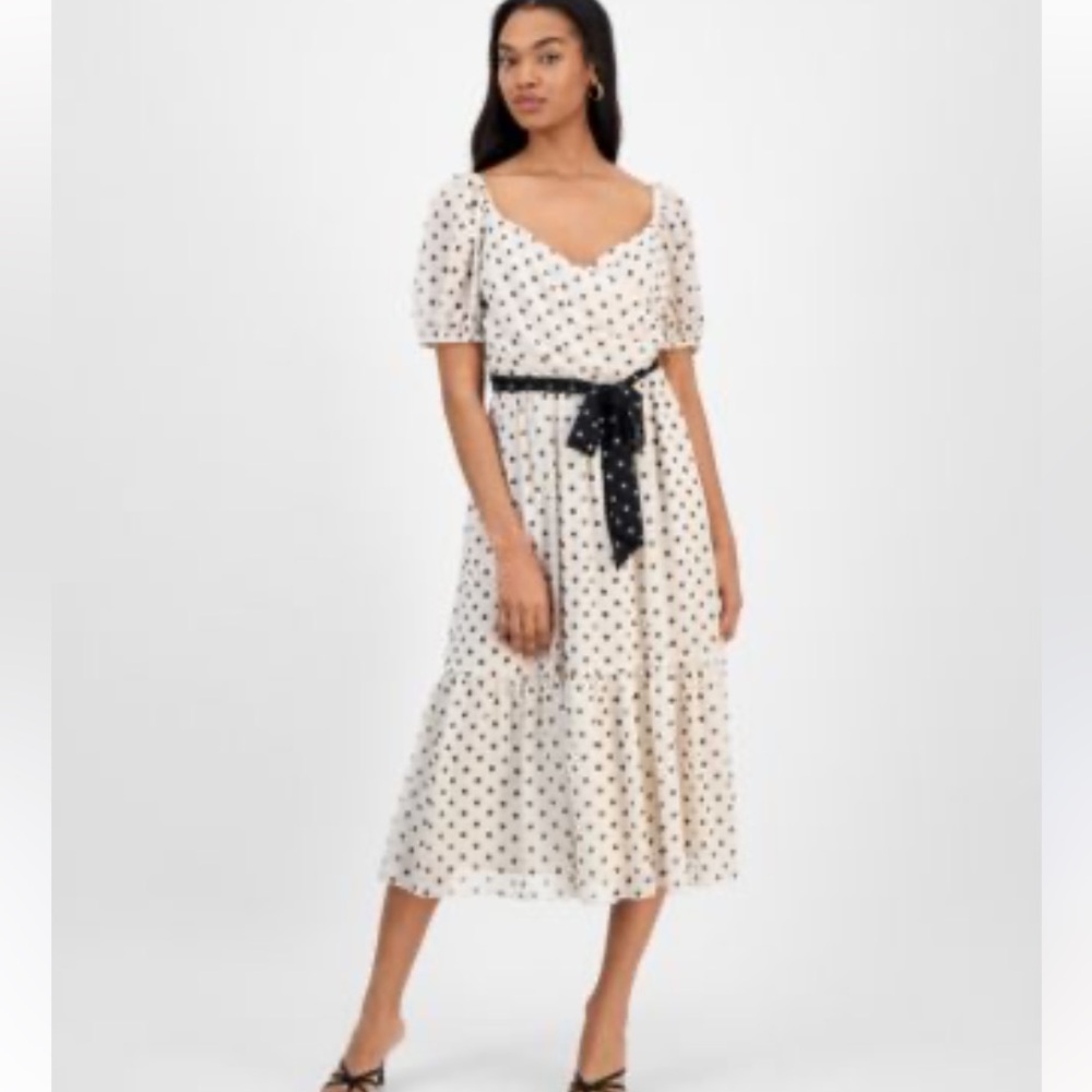 julia jordan Polka Dot-Print Short-Sleeve Midi Chiffon Dress white black sz 12 - Picture 6 of 16